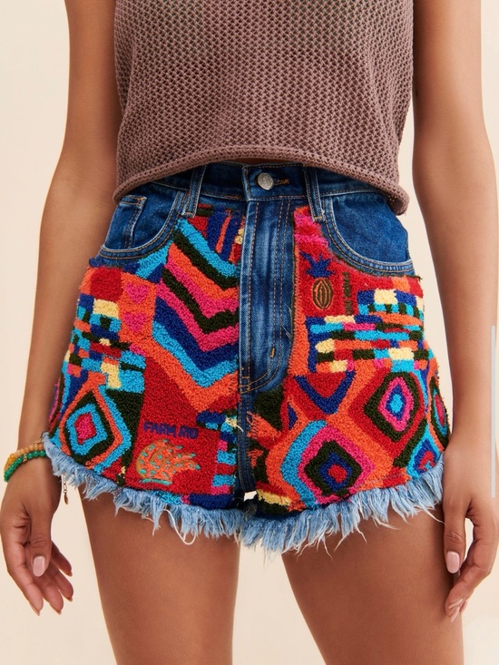 FARM Rio Pants - FARM Rio Colorful Embroidered High-Rise Patchwork Jean Shorts
